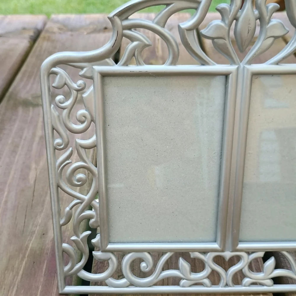 Vintage 1997 HB Group Double Picture Frame Pewter Tone Ornate Tabletop